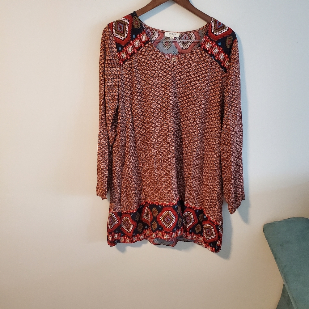 Umgee bohemian southwestern pattern long sleeve mini dress size Large